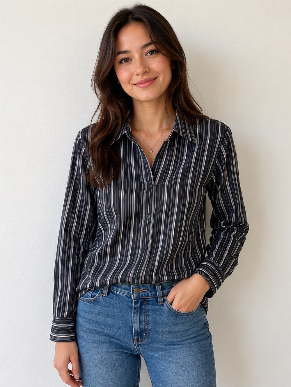 East 5th Vertical Stripe Shimmer Button Up Size medium petite